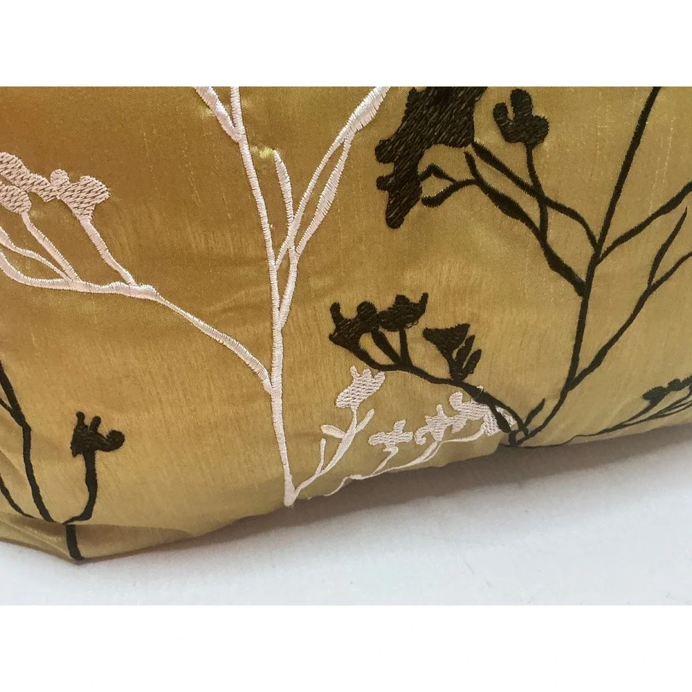 Gold Faux Silk Embroidered Floral Branch Throw Pillow 16x16 Modern